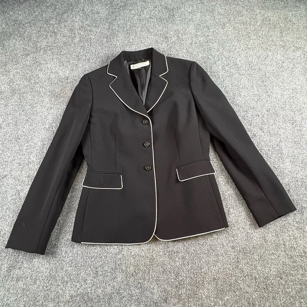 Tahari Arthur S Levine Womens 6P Black Blazer White Piping Preppy Career Office‎
